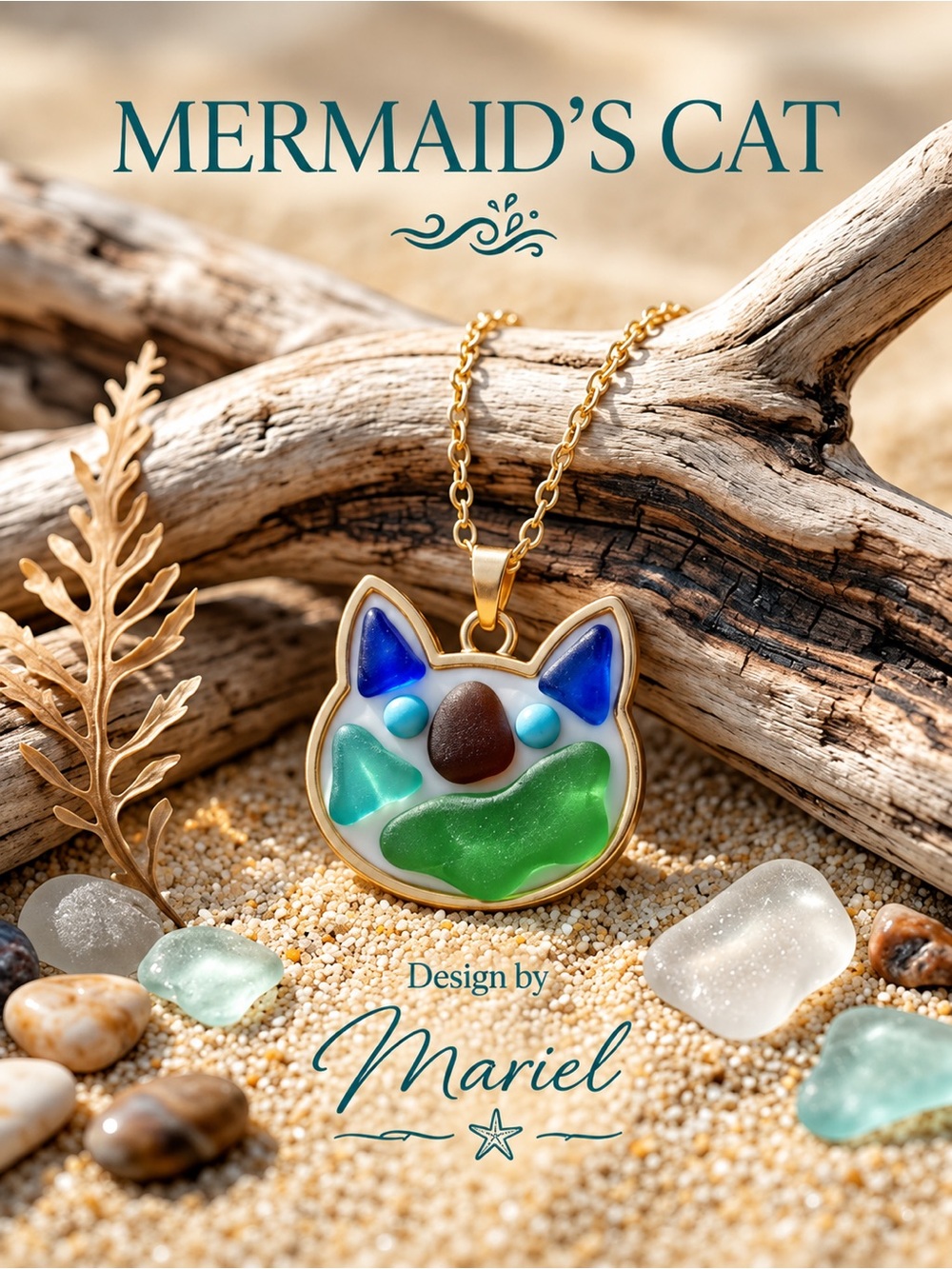 Design by Mariel Mermaid’s Cat Sea Glass Mosaic Necklace Gold Tone